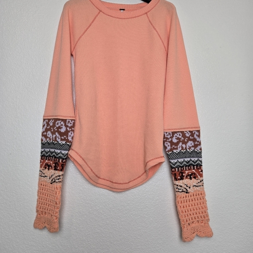 Free People In The Mix Cuff Thermal Top In Desert Orange Knit Crochet size XS - Picture 4 of 16